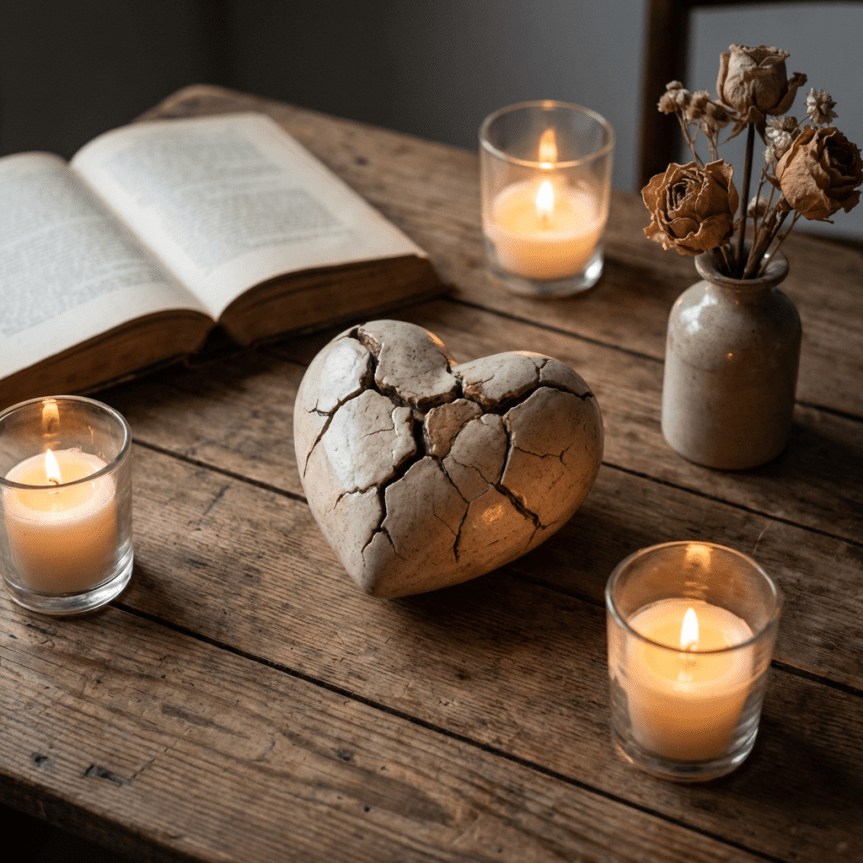 Cracked heart still life candlelight