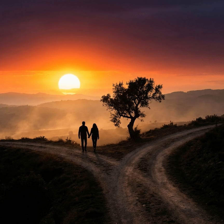 Silhouette of a couple holding hands walking on a dirt path during a vibrant sunset.
