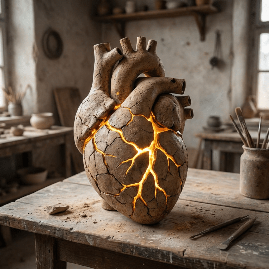 A cracked ceramic human heart sculpture emitting a bright golden glow from its interior.