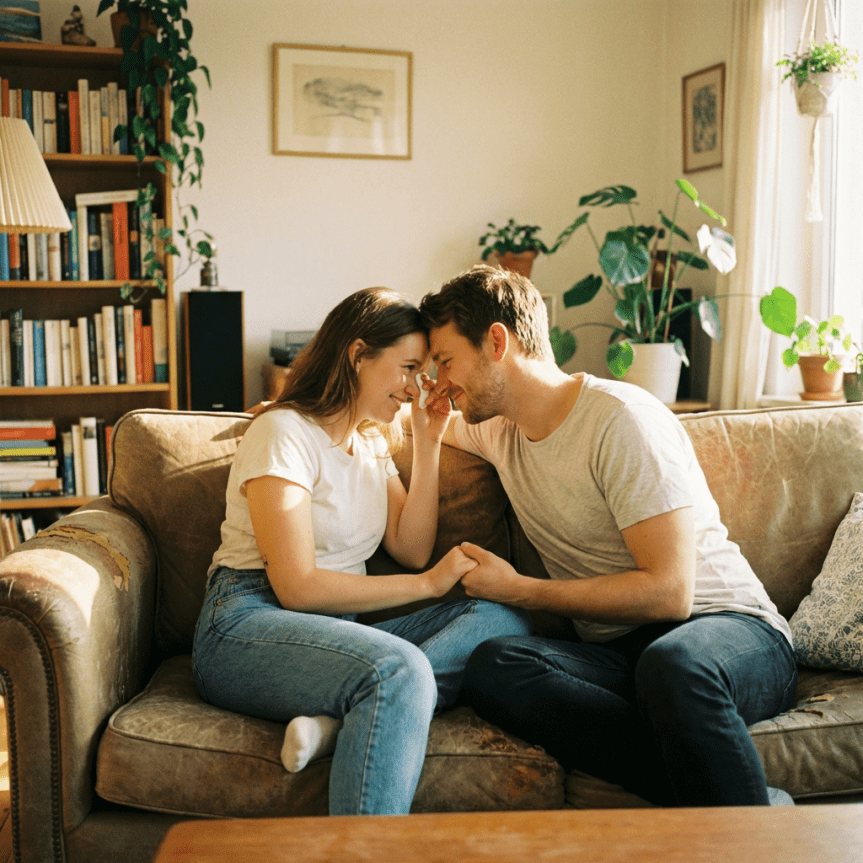 A couple sits on a couch, touching foreheads and holding hands in a sunlit room.