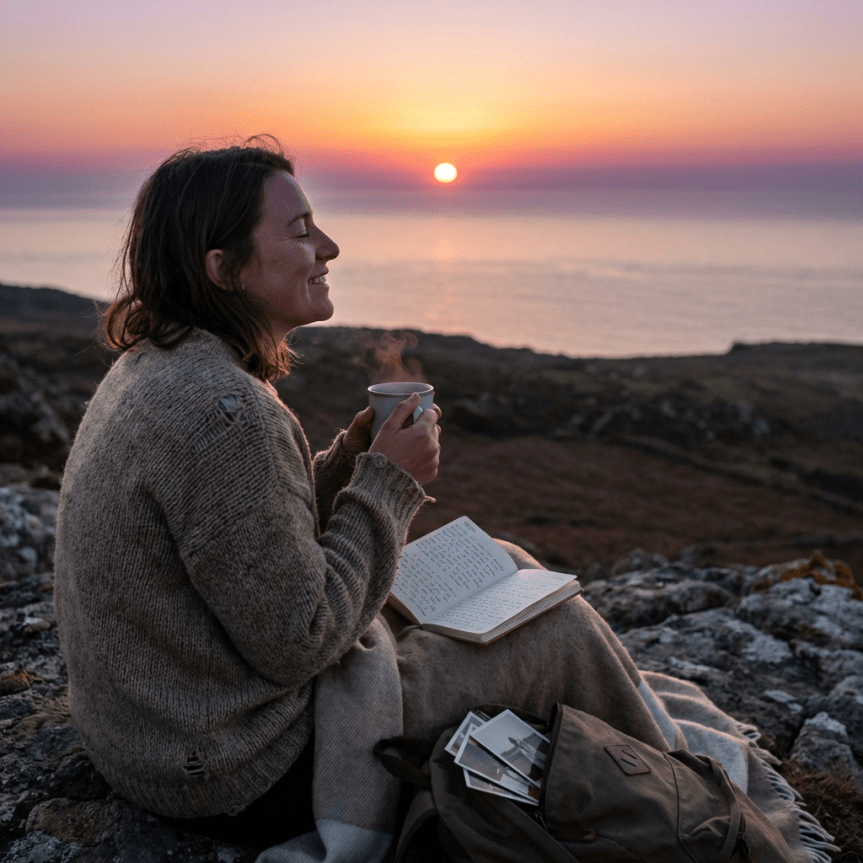 Woman sitting on a rocky cliff holding a steaming mug during a coastal sunset.