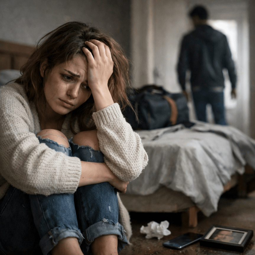 A distressed woman sitting on the floor with a man walking away in the background