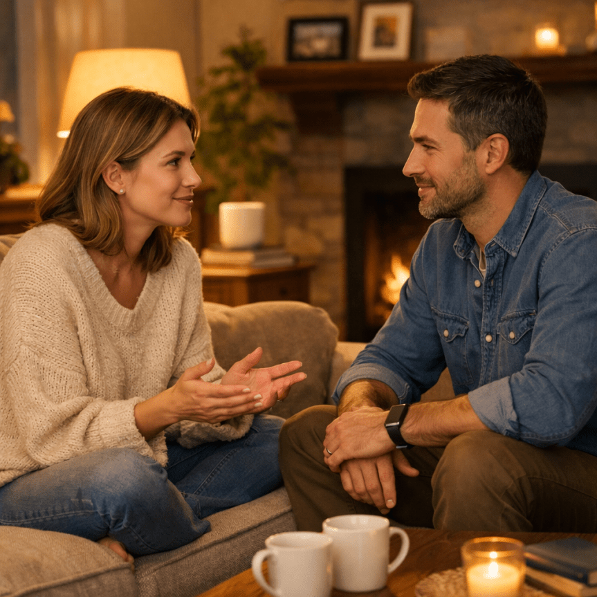 Couple sitting on sofa having a warm conversation by a fireplace with coffee mugs and candle on table