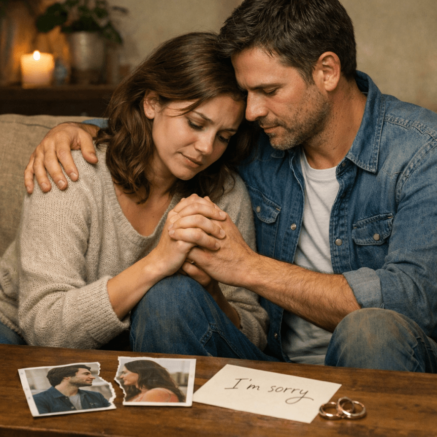 Man comforting woman with torn photo and I'm sorry note on table