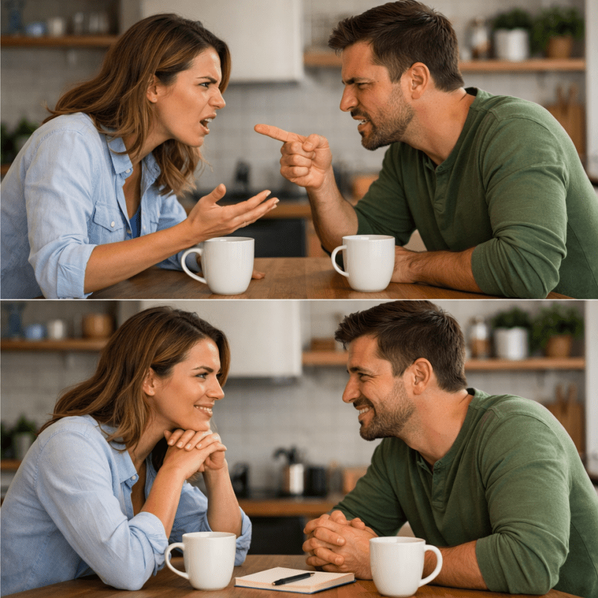 Couple in two scenes: arguing with gestures and smiling while talking at kitchen table