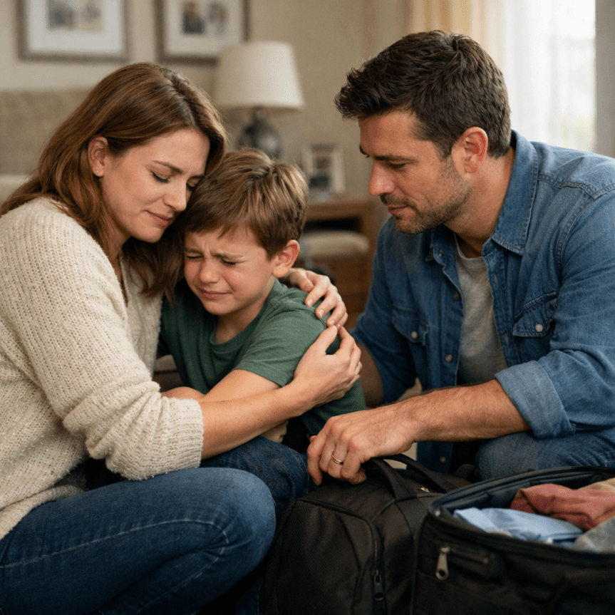 Parents comforting a crying young boy while sitting near a packed suitcase