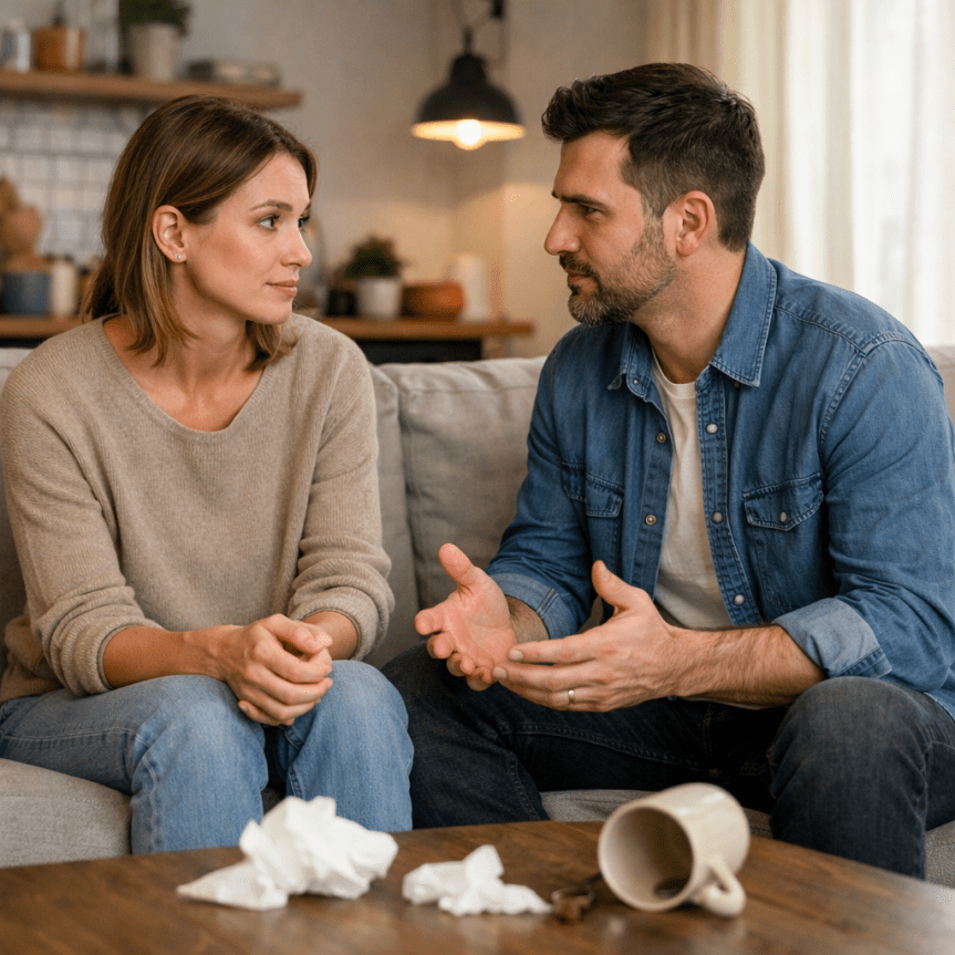 Man and woman sitting on couch facing each other in serious conversation