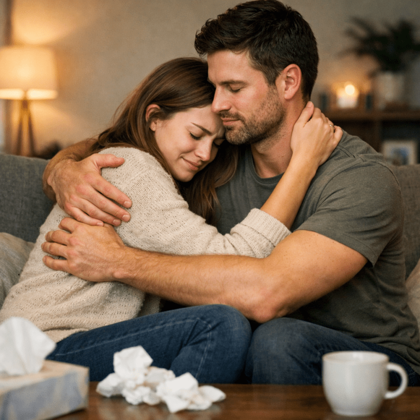 Couple embracing with eyes closed showing emotional support