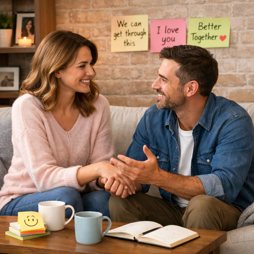 Couple sitting on a couch holding hands with positive notes behind them