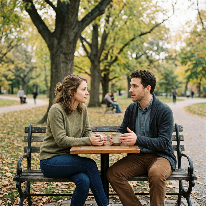 A man and woman sitting at a park bench table talking and holding coffee mugs with autumn leaves around