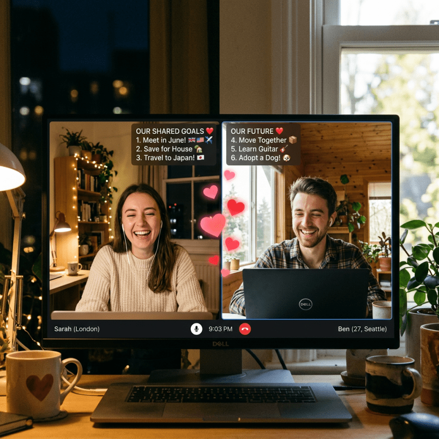 Video call screen with a woman and man sharing their goals and smiling