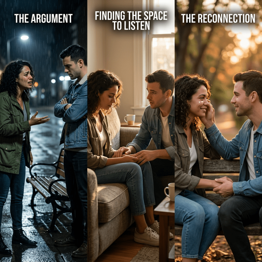 Couple arguing in rain, then listening indoors, finally reconnecting outdoors