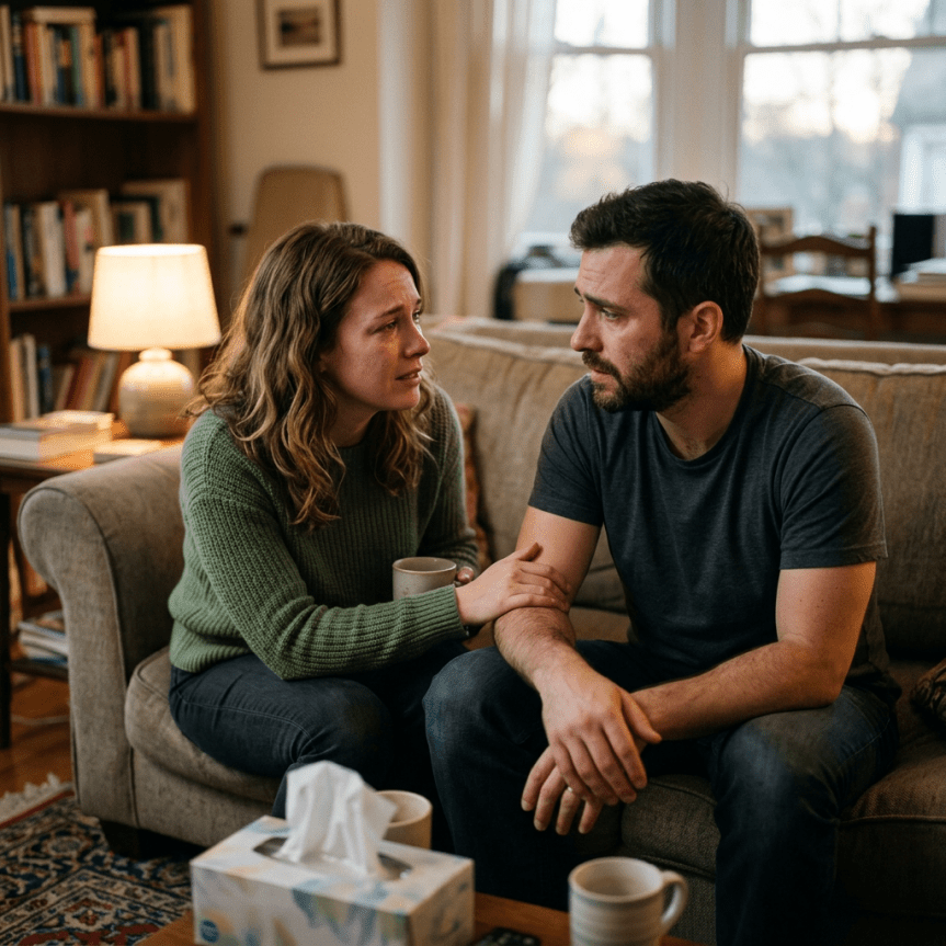 Woman comforting man during emotional conversation on couch