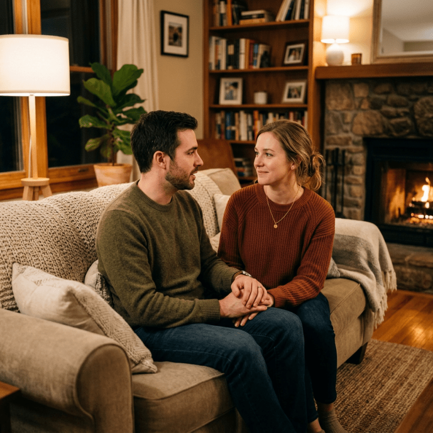 Man and woman sitting on a couch holding hands and looking at each other