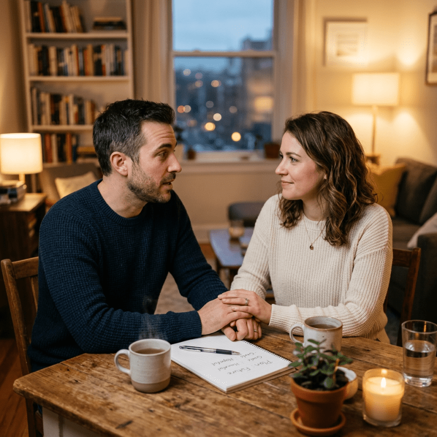 Couple discussing seriously at table, hopeful atmosphere