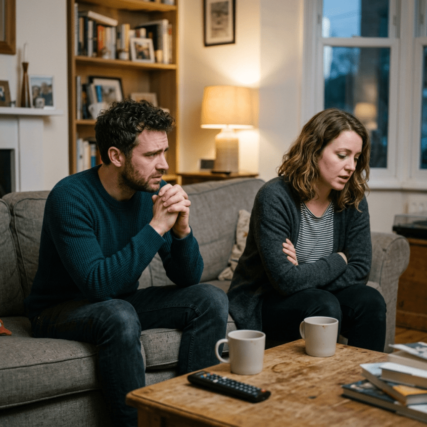 Man and woman sitting on a couch in a living room, looking thoughtful and concerned.