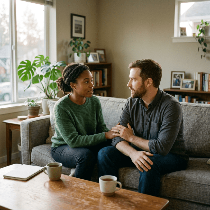 Man and woman sitting on a couch, holding hands and talking