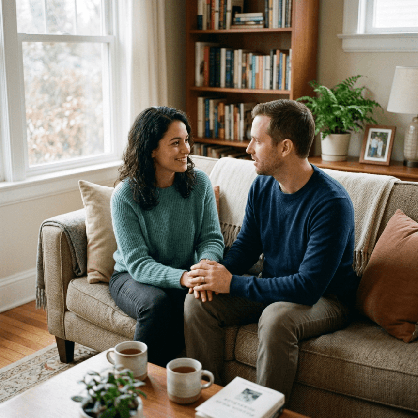A man and woman sitting on a couch, holding hands and looking at each other.