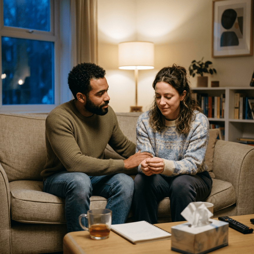 Man gently holding woman's hand on couch as she looks down thoughtfully