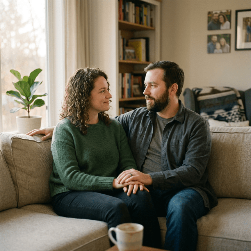 A man and woman sitting on a couch holding hands and looking at each other.