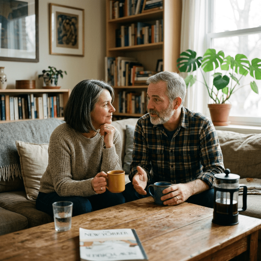 Middle-aged man and woman sitting on couch talking and holding coffee mugs