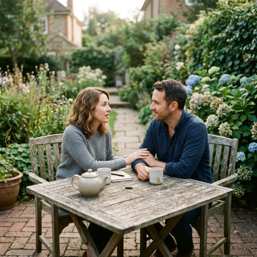 Man and woman talking at a wooden table with teapot and cup in garden