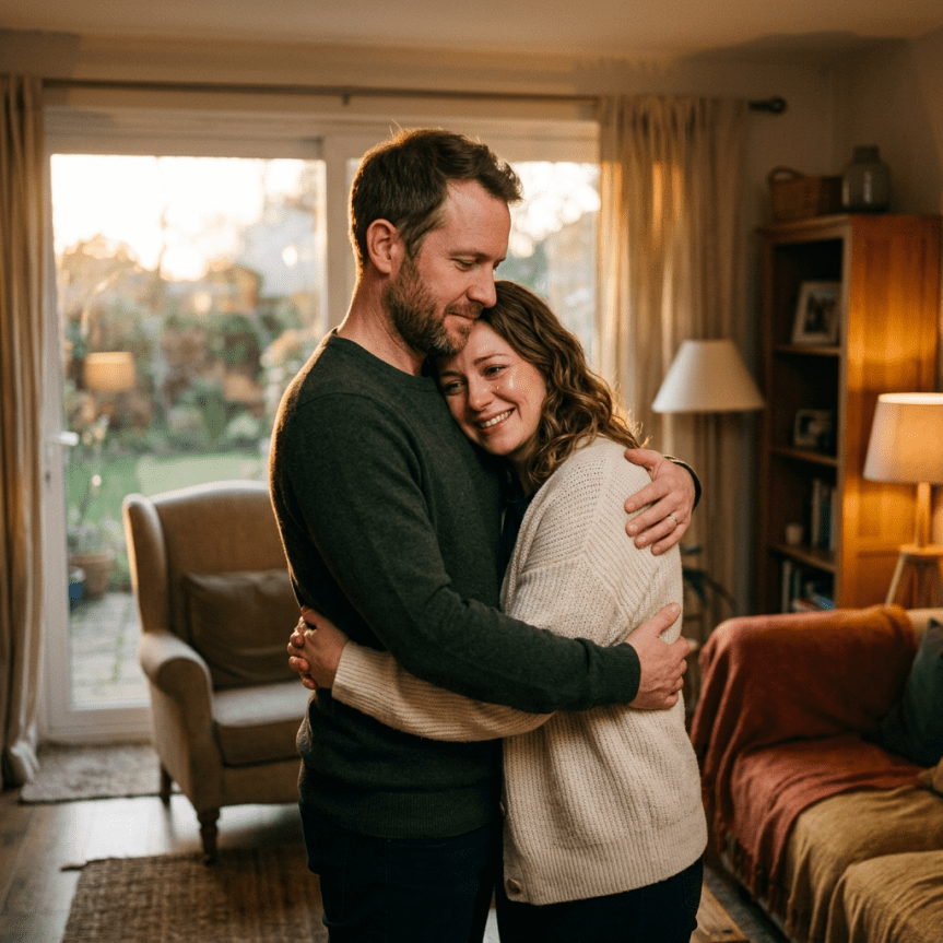 Couple hugging in living room with soft natural light
