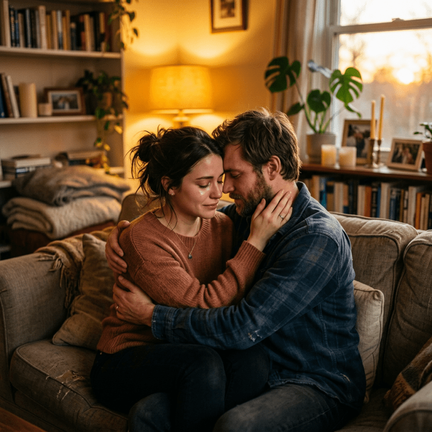 Couple hugging closely on a sofa in a warmly lit living room