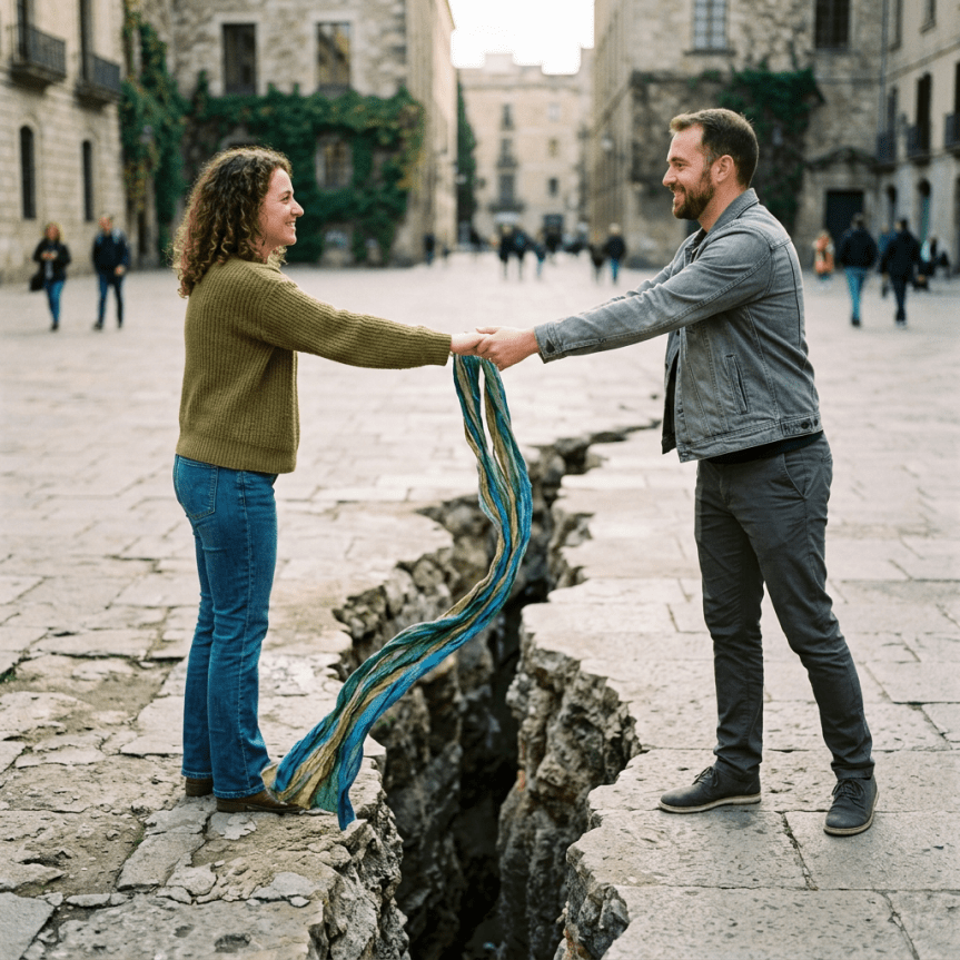 Man and woman standing on opposite sides of a deep street crack holding a scarf to connect hands