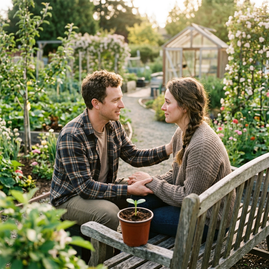 Man and woman seated on wooden bench holding hands in garden