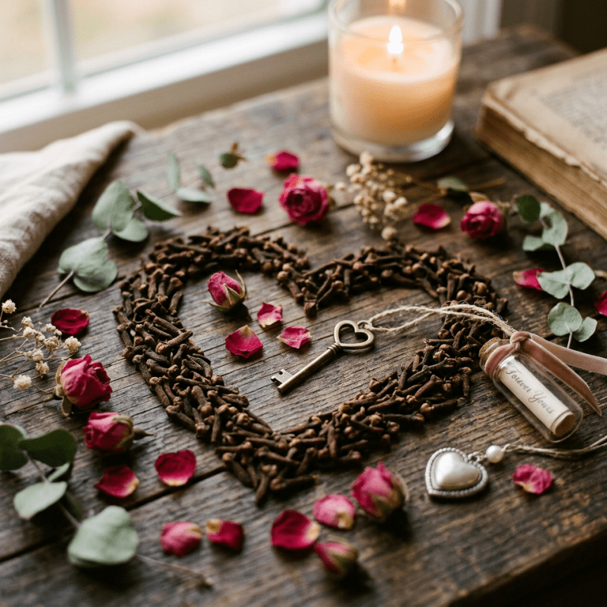 Heart shape made of cloves with a heart-shaped key, rose petals, a candle, and a vintage book on a wooden surface