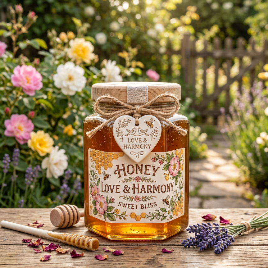 Jar of honey labeled 'Love & Harmony Sweet Bliss' with floral decorations and honey dipper