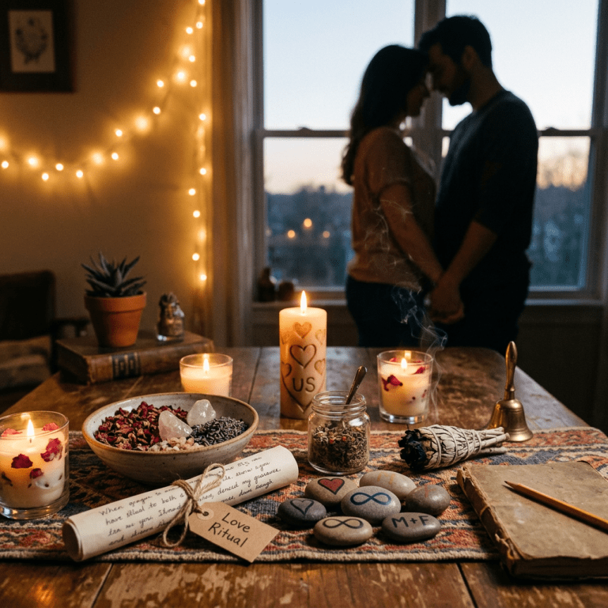 Table with candles, crystals, stones, herbs, and love ritual items with couple holding hands in background