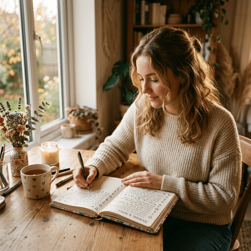 Person journaling with heart symbols and soft light