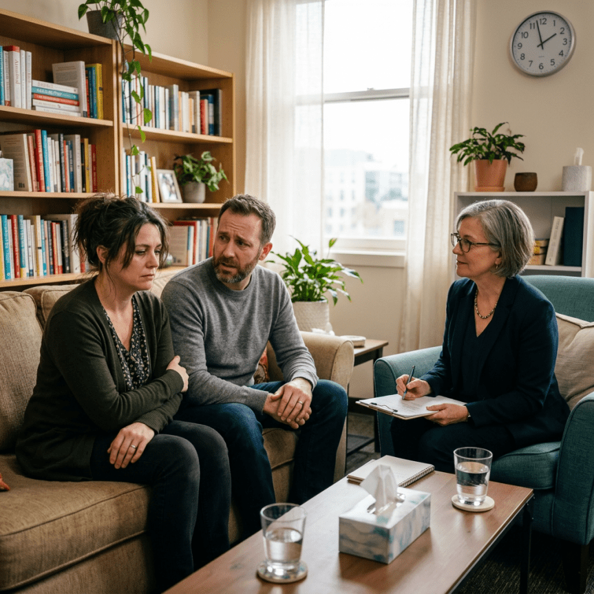 Couple sitting on couch talking to female counselor with clipboard