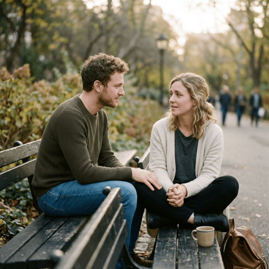 Man and woman sitting on a park bench talking with a coffee mug and bag nearby