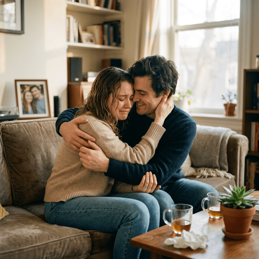 Couple embracing on couch with one person comforting the other who is crying