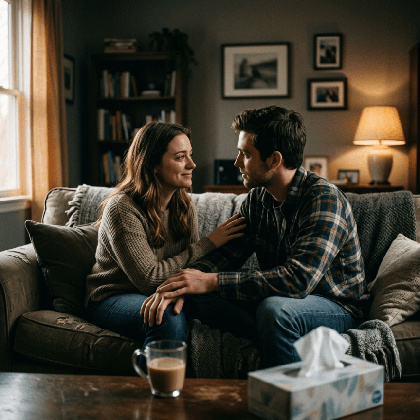 Couple sitting on couch looking at each other warmly with a coffee cup and tissues nearby