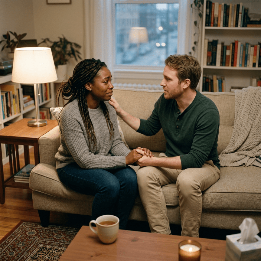 Man comforting woman on a couch during a serious conversation