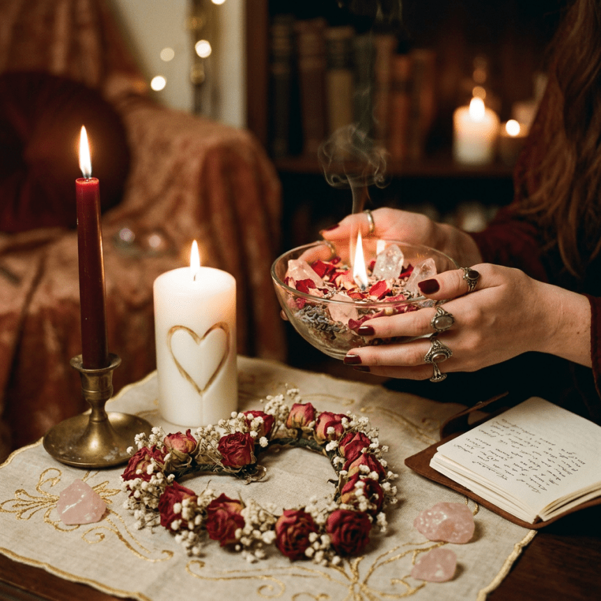 Hands holding a glass bowl with fire, rose petals, and crystals over a table with candles, dried flower crown, and an open journal