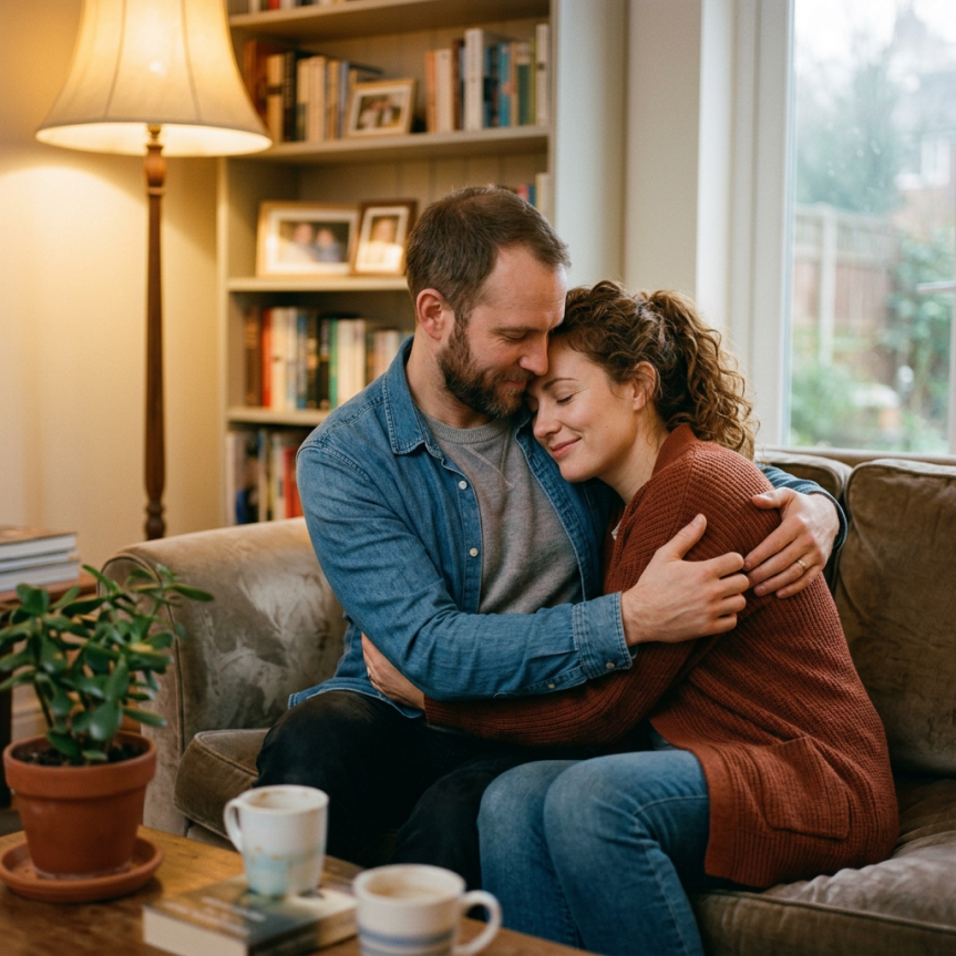 Couple embracing closely with eyes closed on a sofa in living room