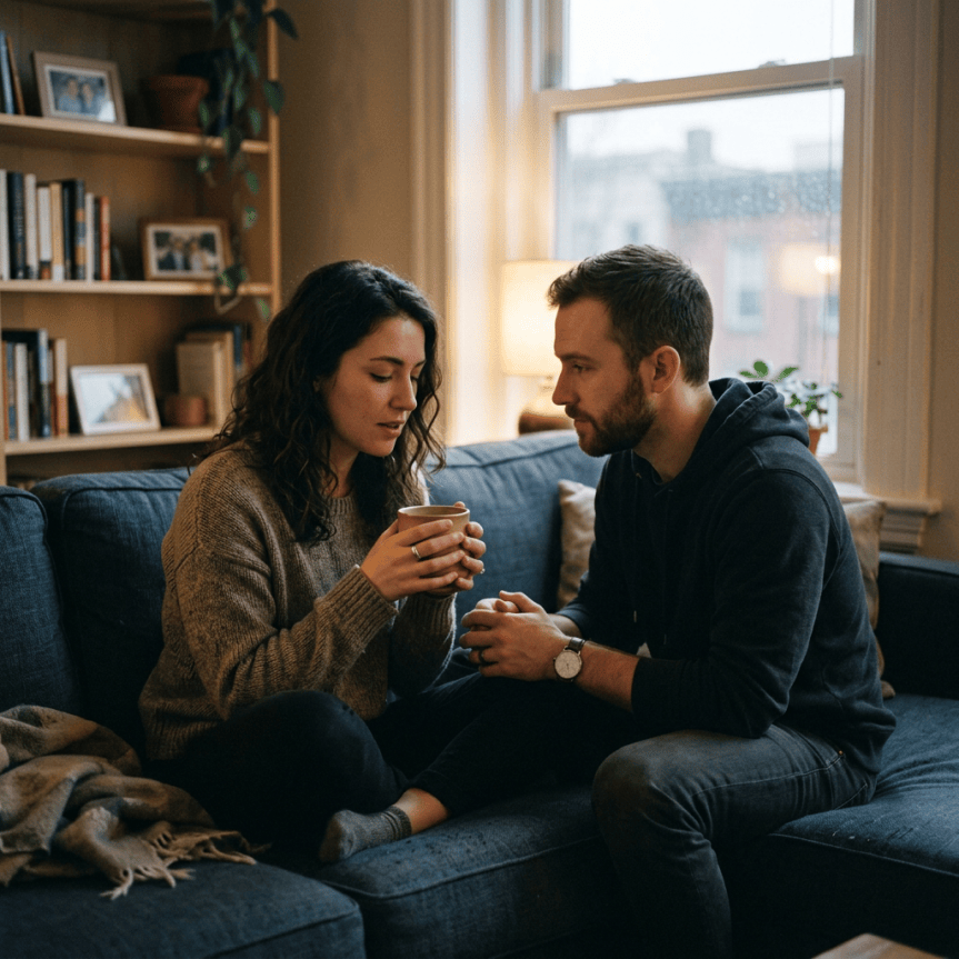 Couple sitting on a couch drinking warm beverages and talking